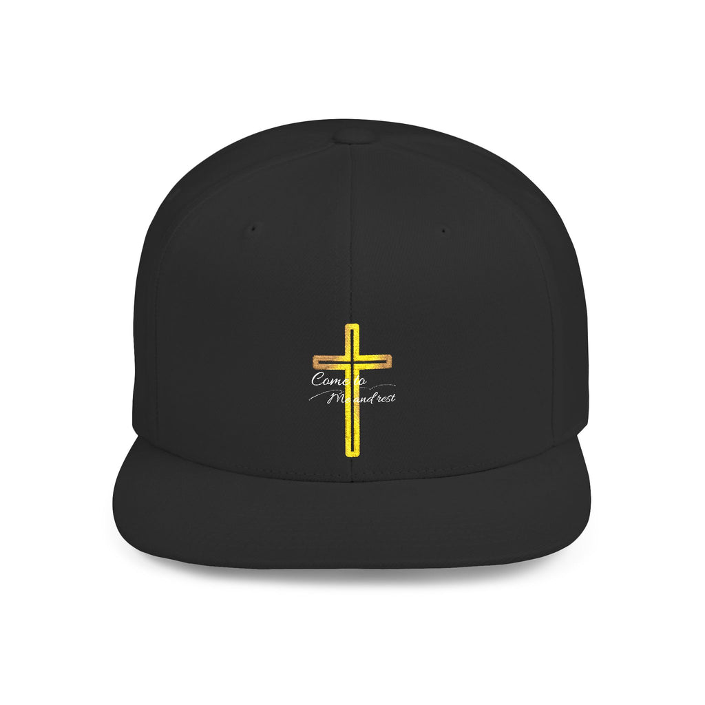 Embroidered Gold Cross Snapback Hat — Faith-Inspired Flat Bill Cap