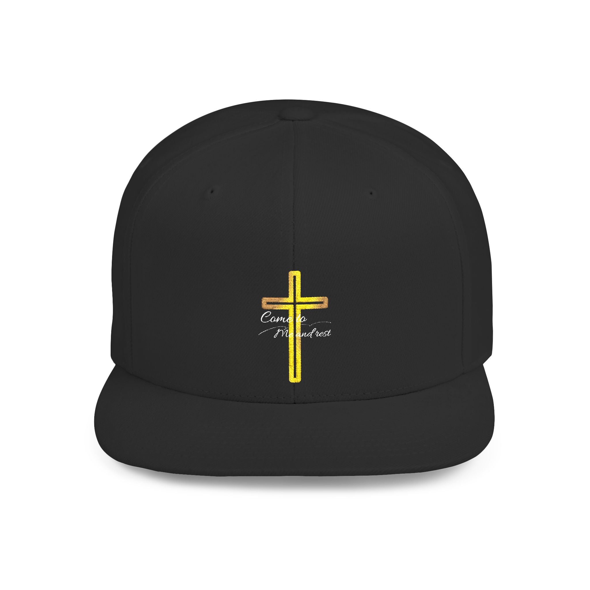 Embroidered Gold Cross Snapback Hat — Faith-Inspired Flat Bill Cap