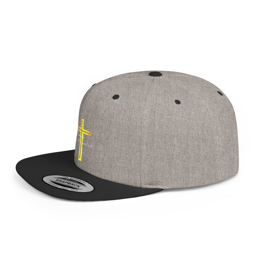 Embroidered Gold Cross Snapback Hat — Faith-Inspired Flat Bill Cap