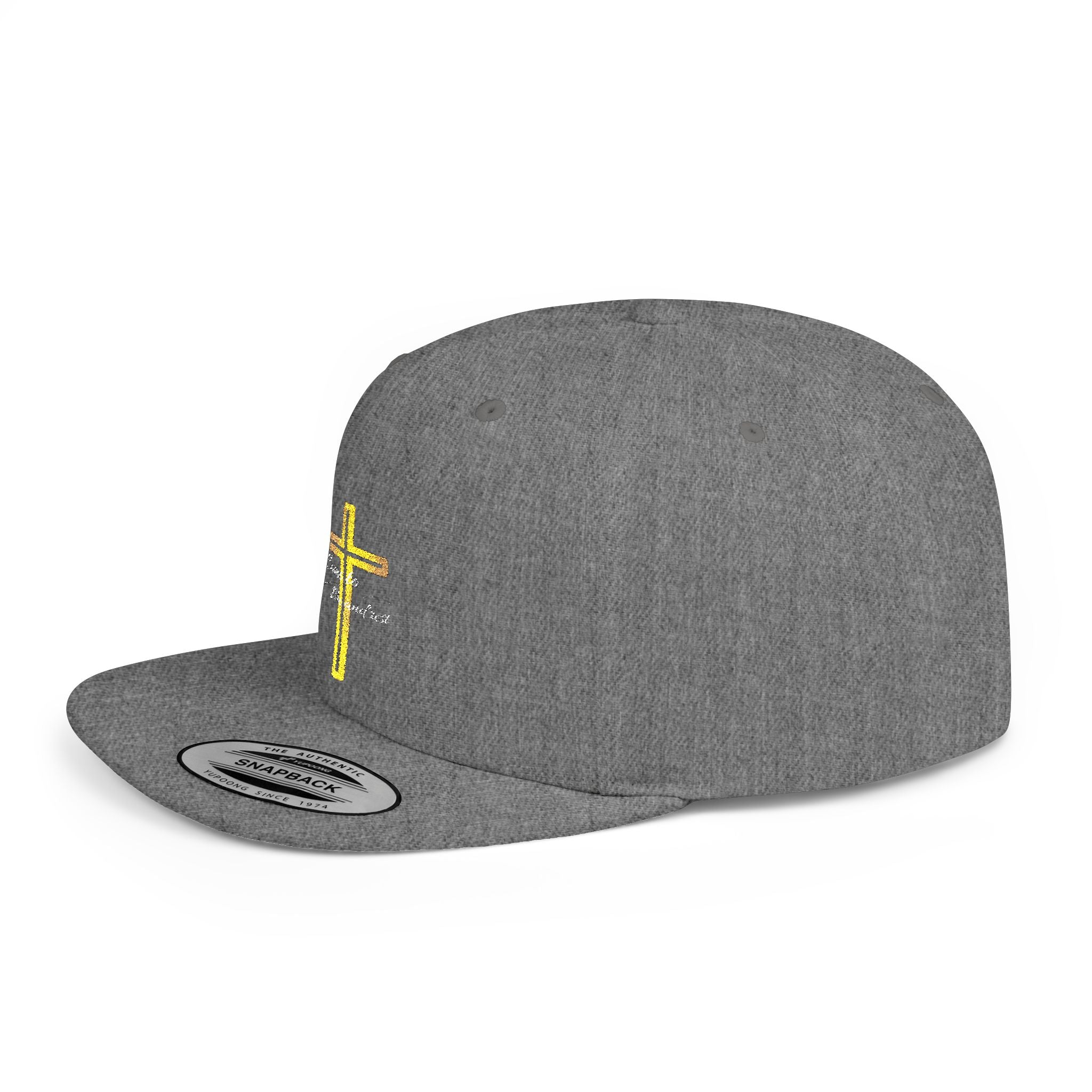 Embroidered Gold Cross Snapback Hat — Faith-Inspired Flat Bill Cap