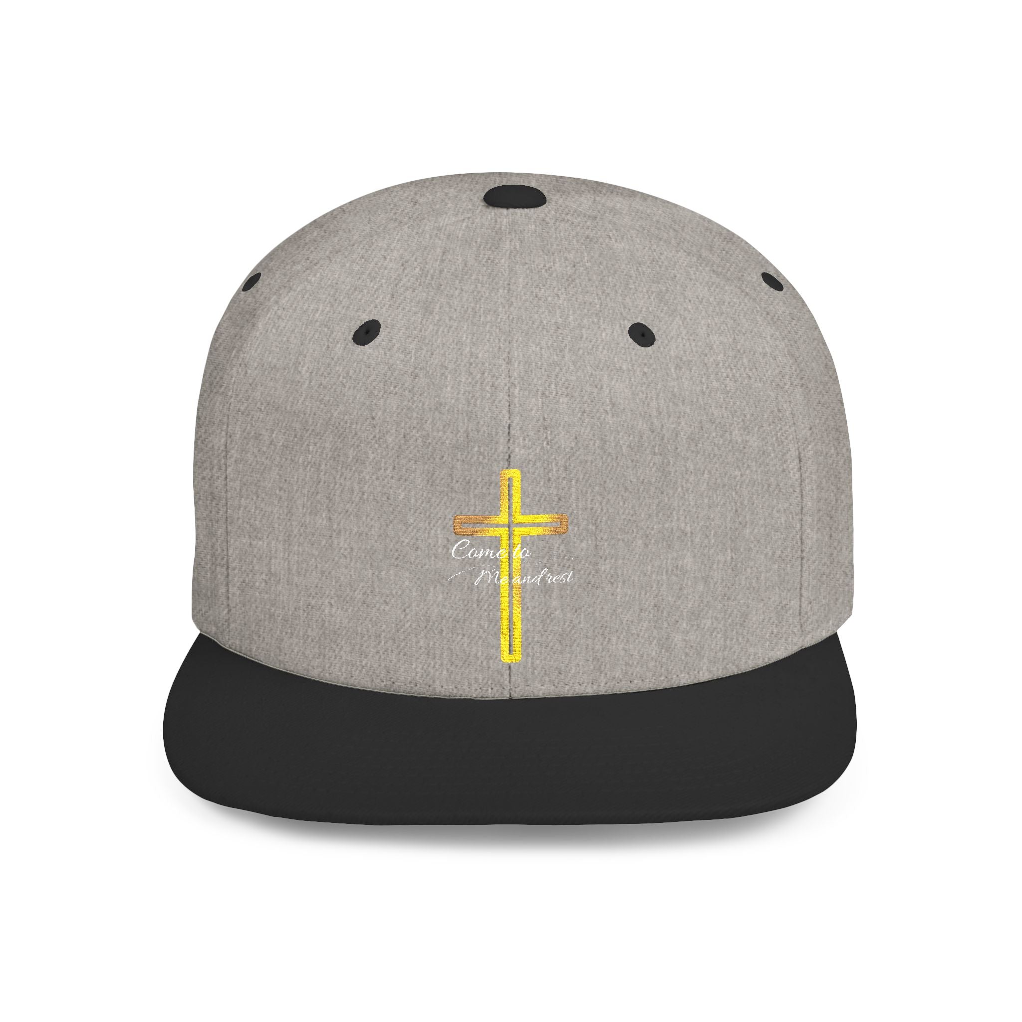 Embroidered Gold Cross Snapback Hat — Faith-Inspired Flat Bill Cap