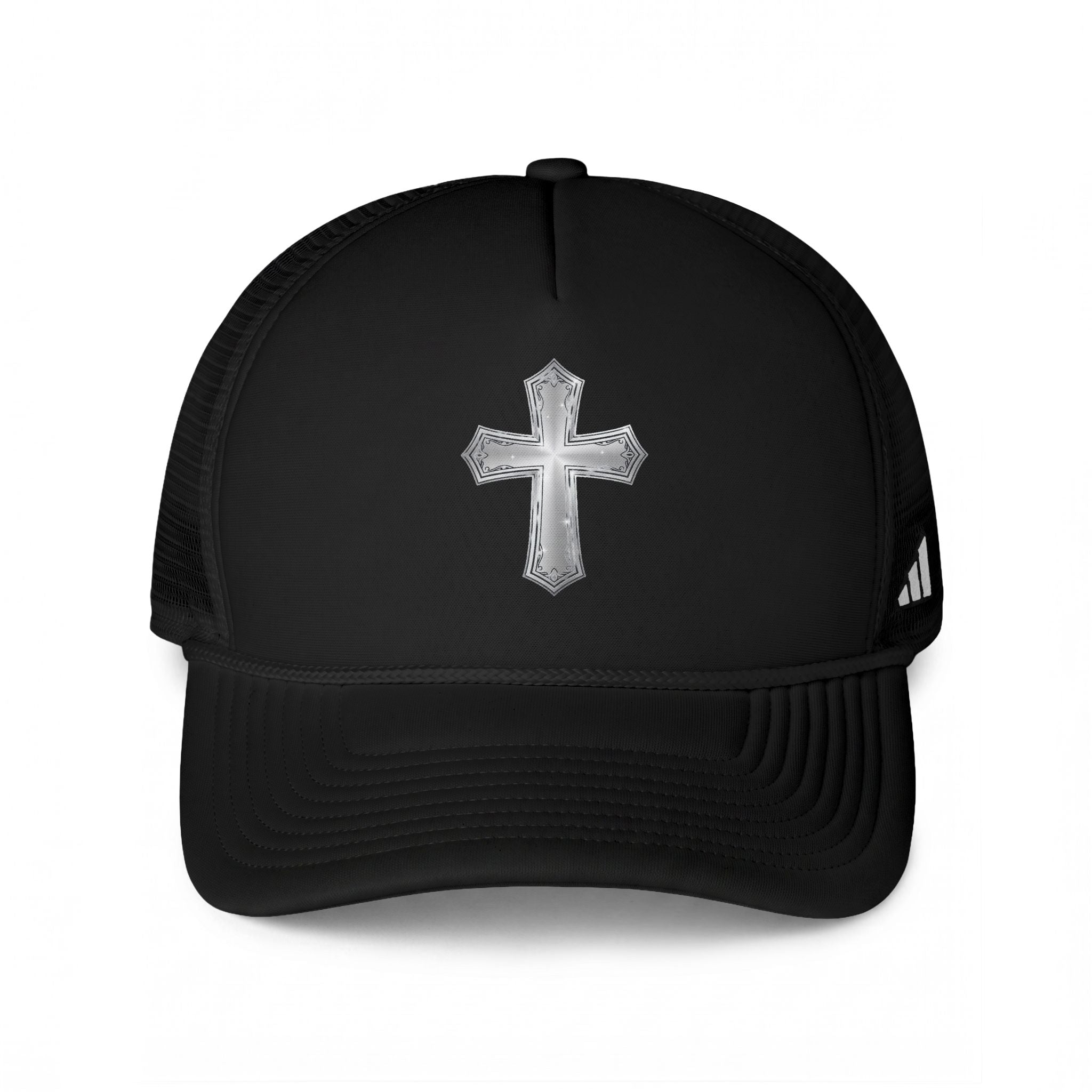 Embroidered Cross Trucker Hat — Christian Black Mesh Cap