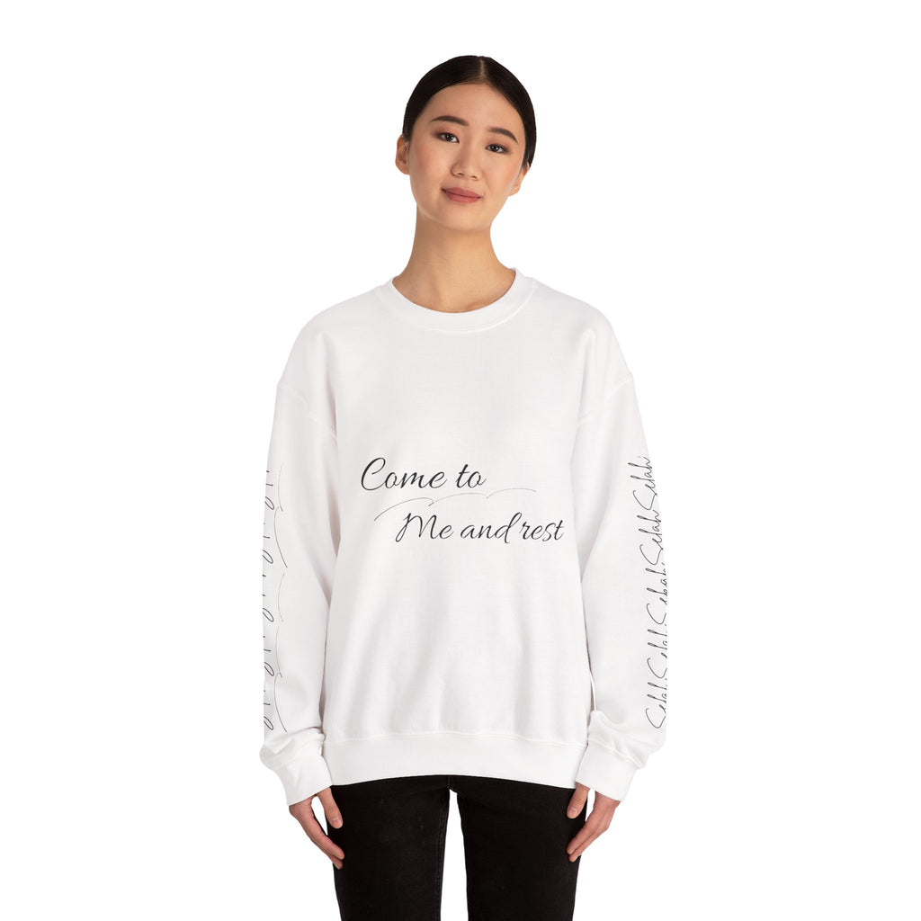 Come to Me and Rest Crewneck Sweatshirt — Minimal Script Comfort Pullover