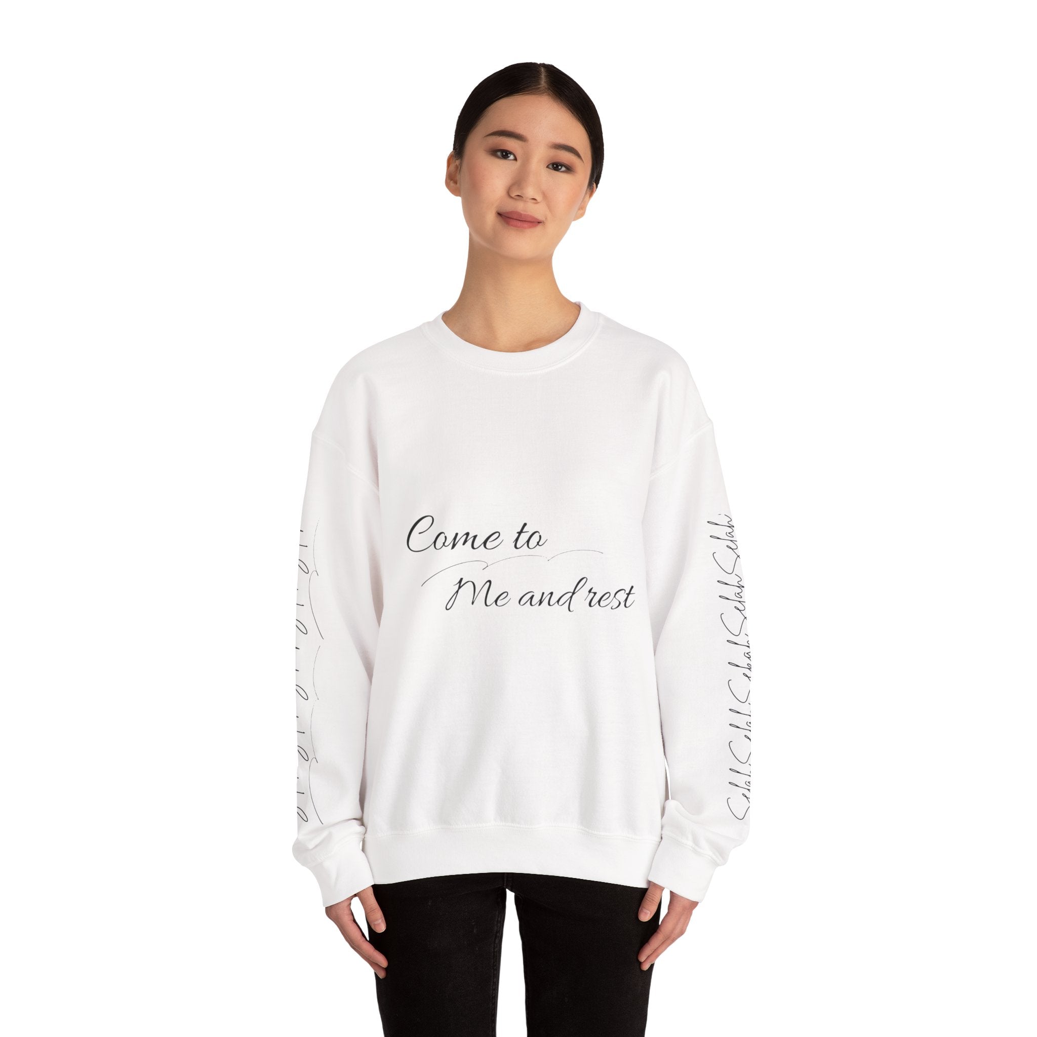 Come to Me and Rest Crewneck Sweatshirt — Minimal Script Comfort Pullover