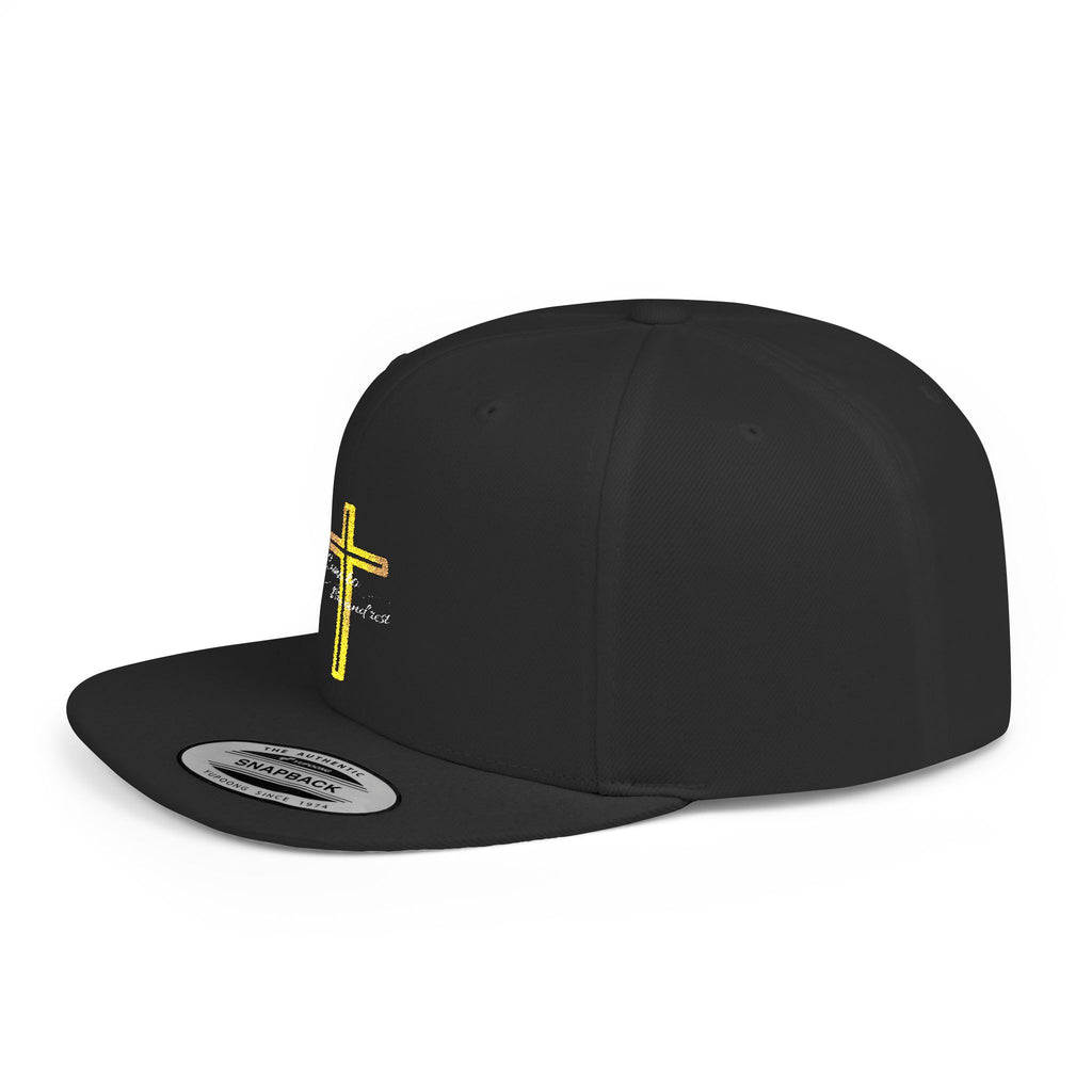 Embroidered Gold Cross Snapback Hat — Faith-Inspired Flat Bill Cap