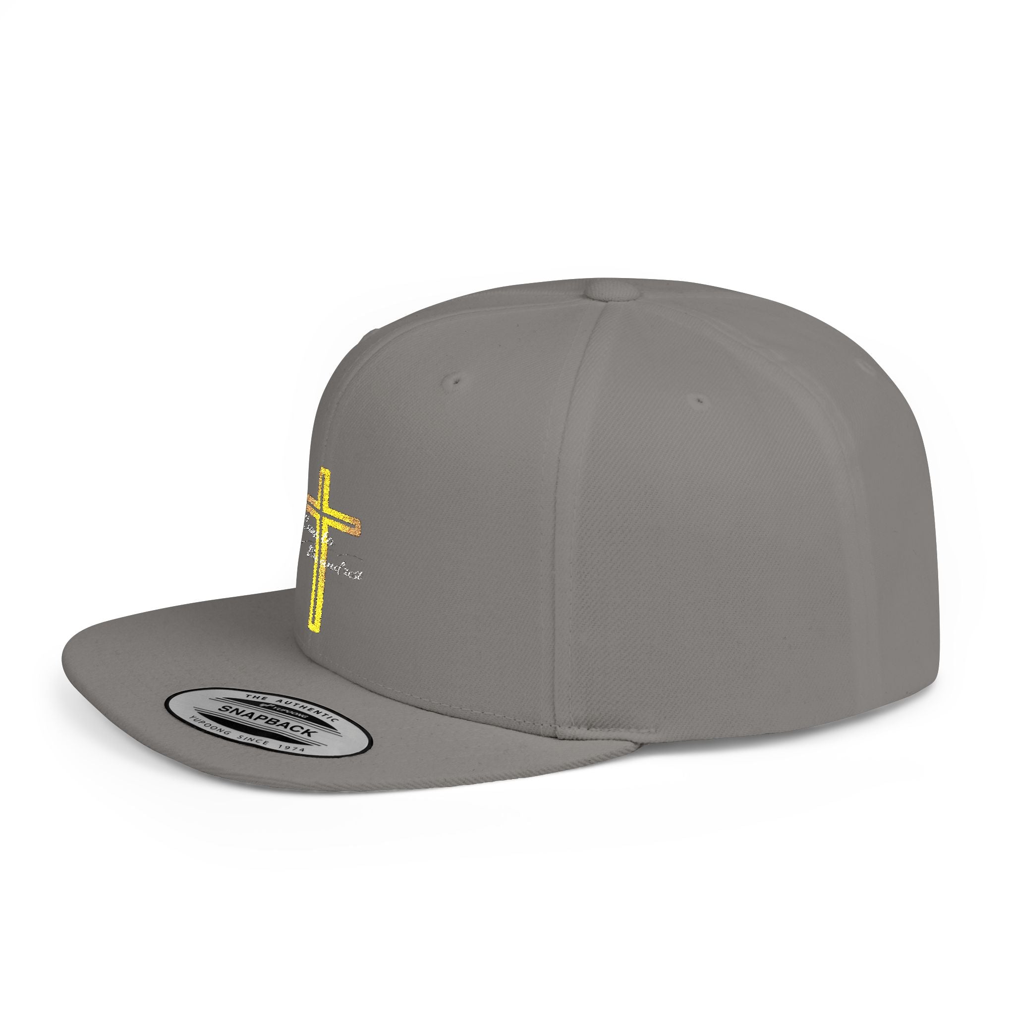 Embroidered Gold Cross Snapback Hat — Faith-Inspired Flat Bill Cap