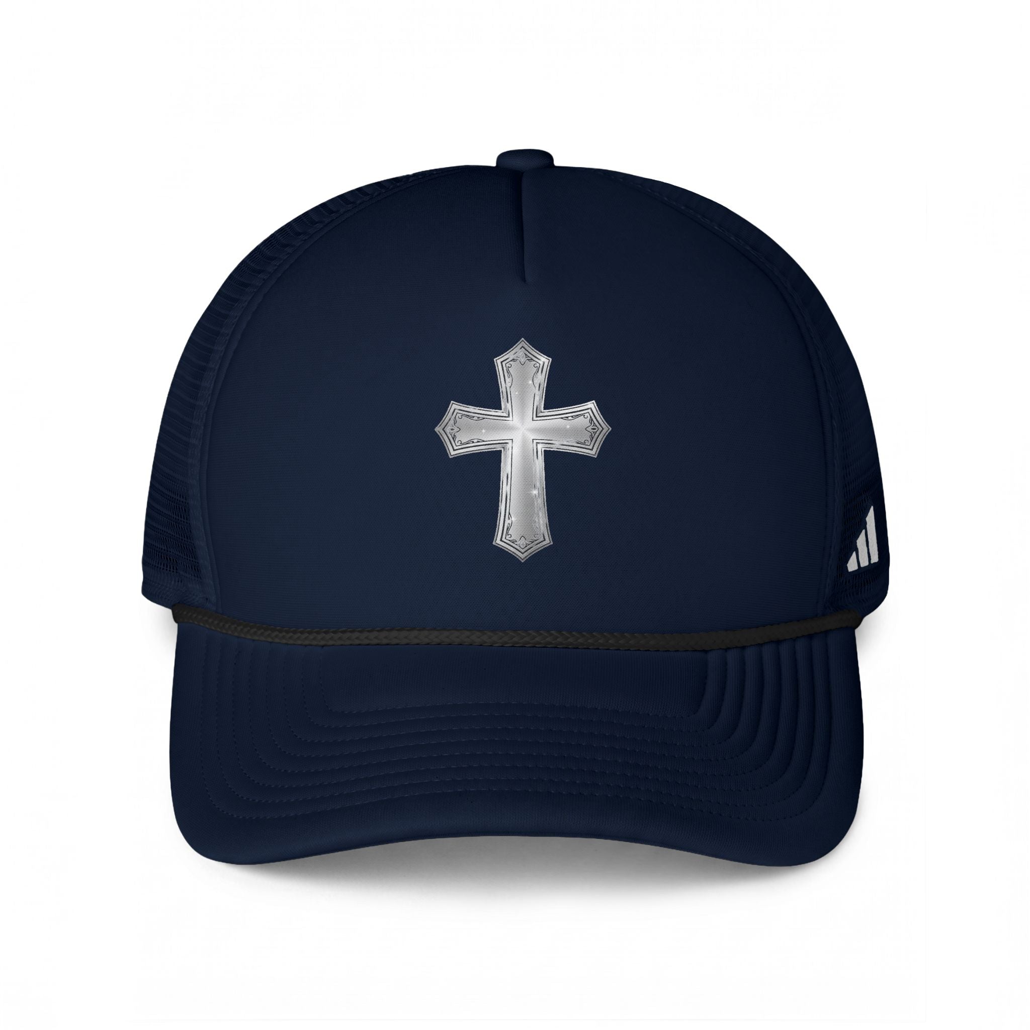 Embroidered Cross Trucker Hat — Christian Black Mesh Cap