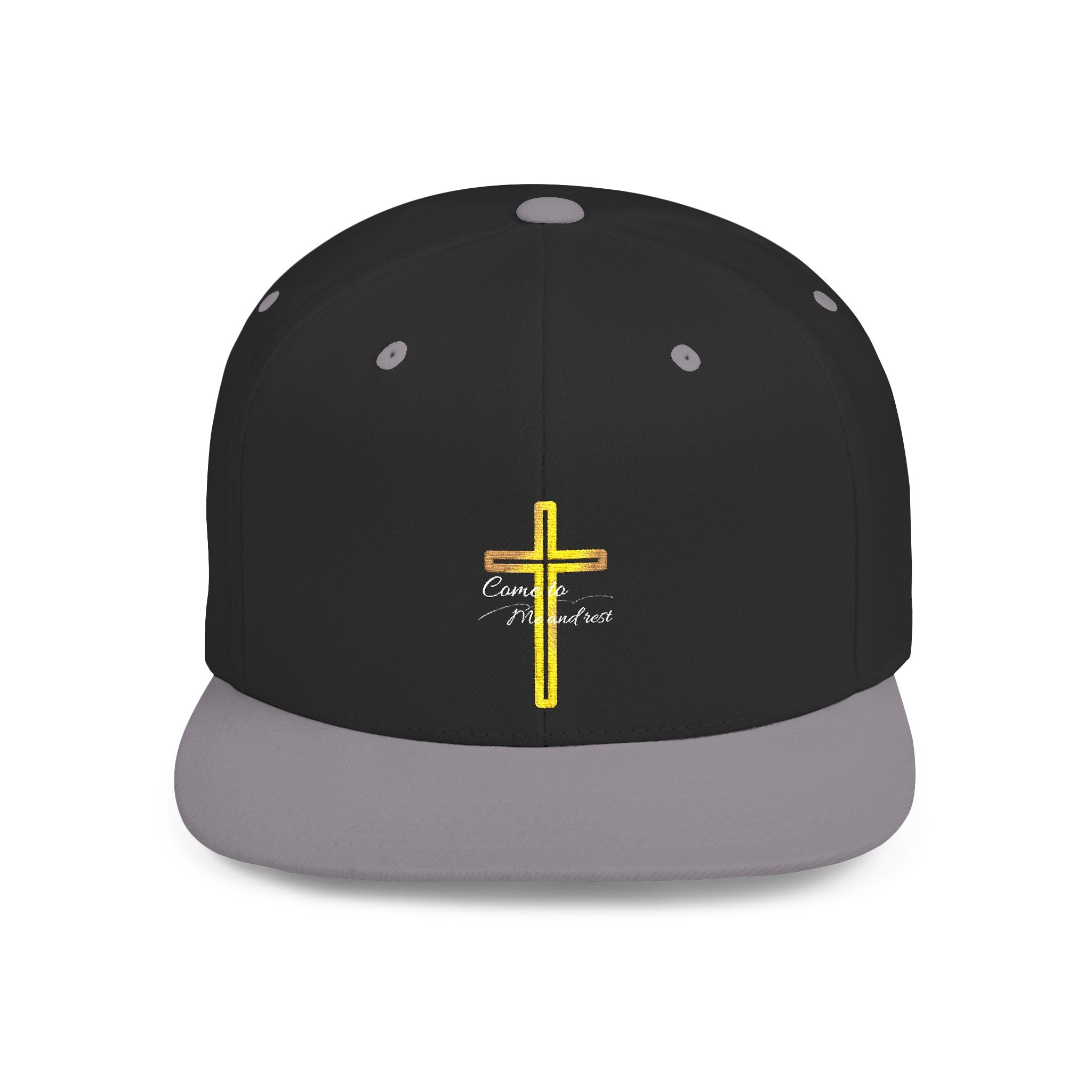 Embroidered Gold Cross Snapback Hat — Faith-Inspired Flat Bill Cap