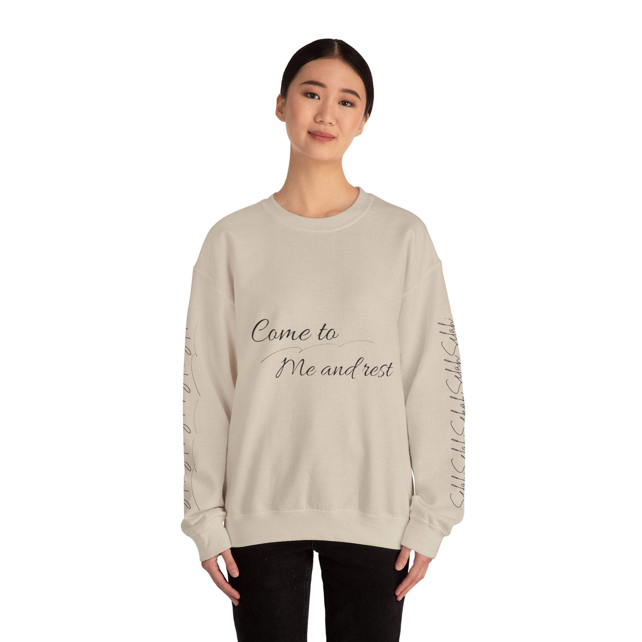 Come to Me and Rest Crewneck Sweatshirt — Minimal Script Comfort Pullover