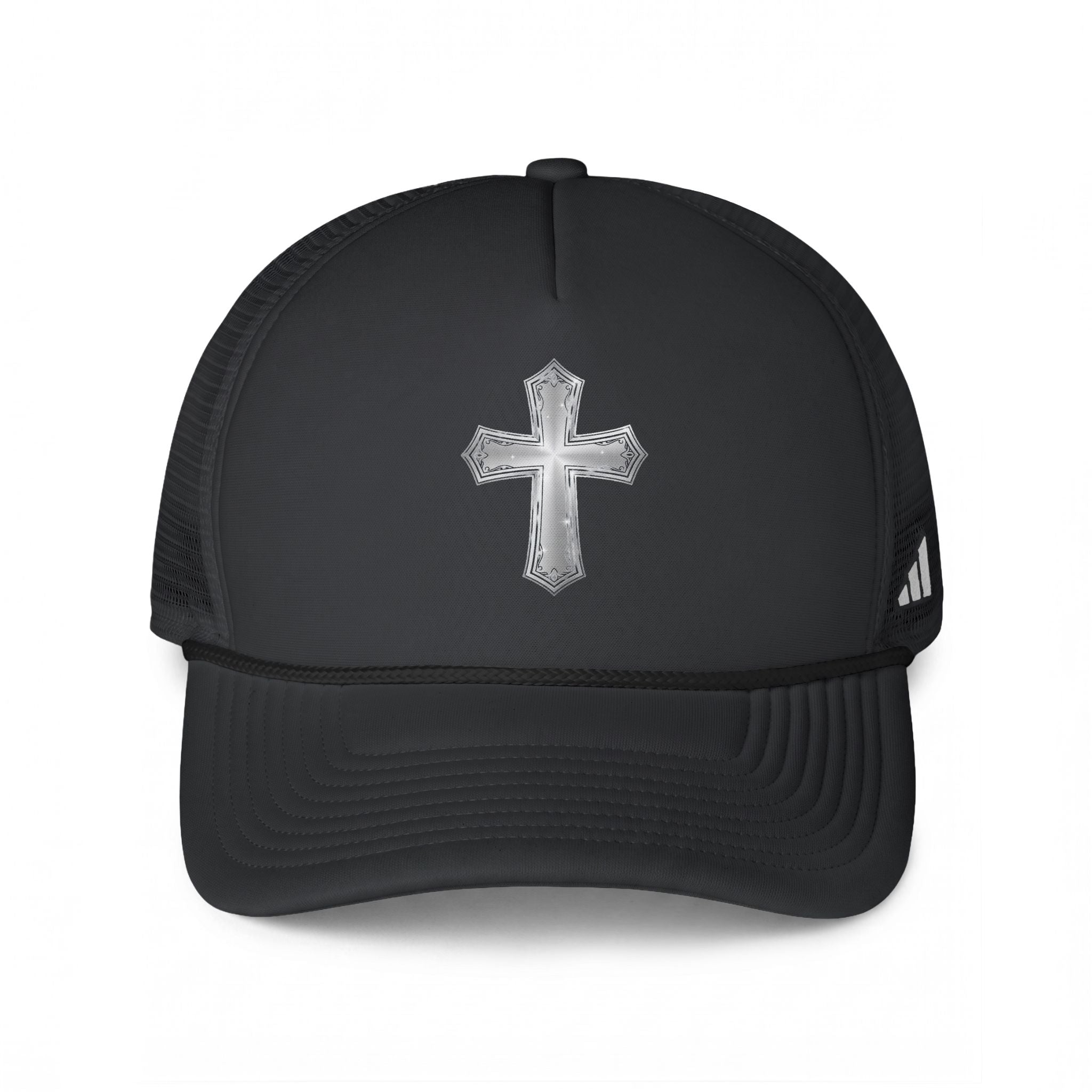 Embroidered Cross Trucker Hat — Christian Black Mesh Cap