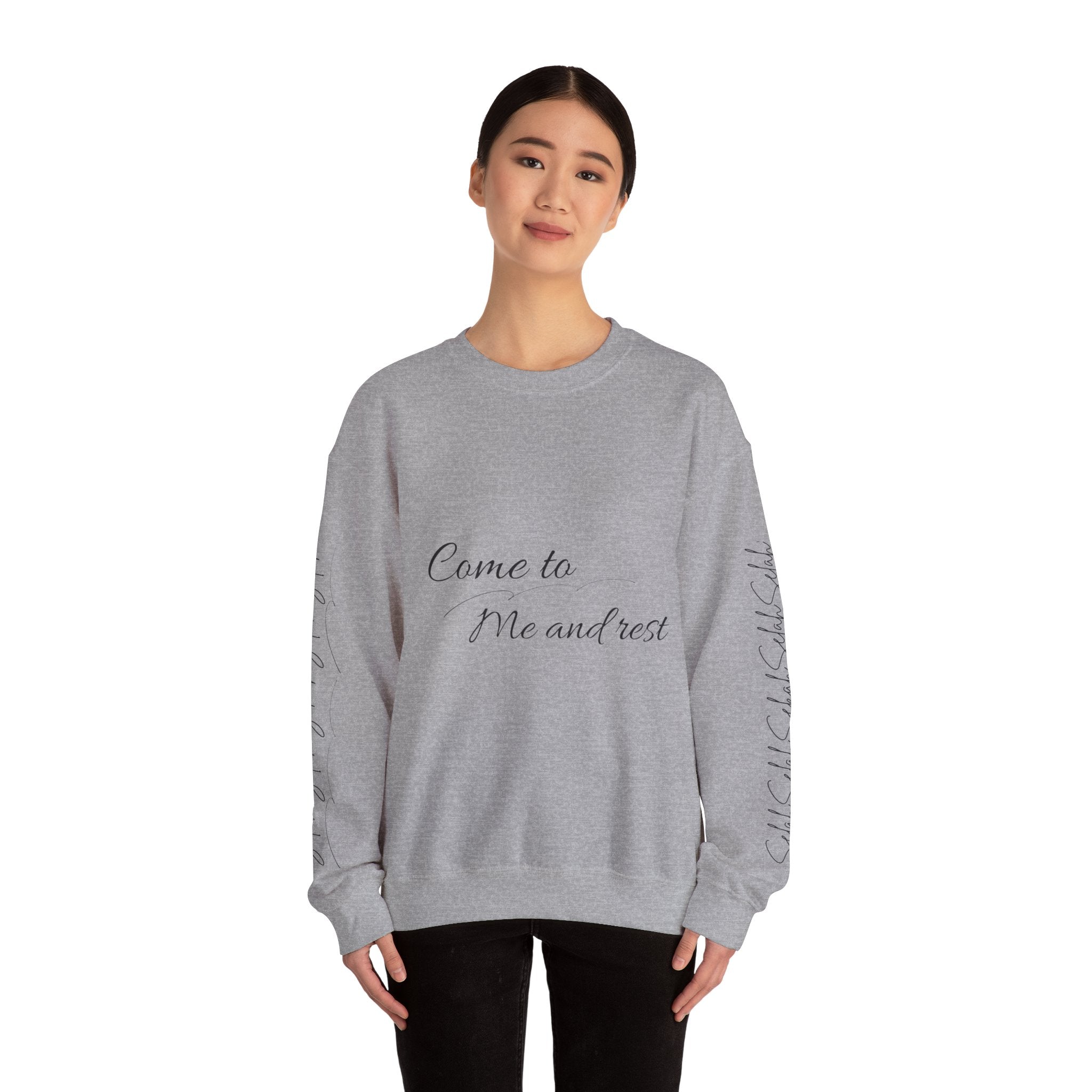 Come to Me and Rest Crewneck Sweatshirt — Minimal Script Comfort Pullover