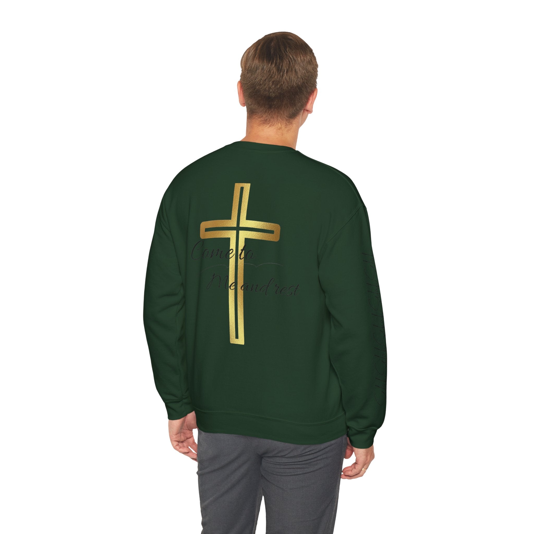 Christian Cross Sweatshirt — "Come to Me and Rest" Inspirational Crewneck