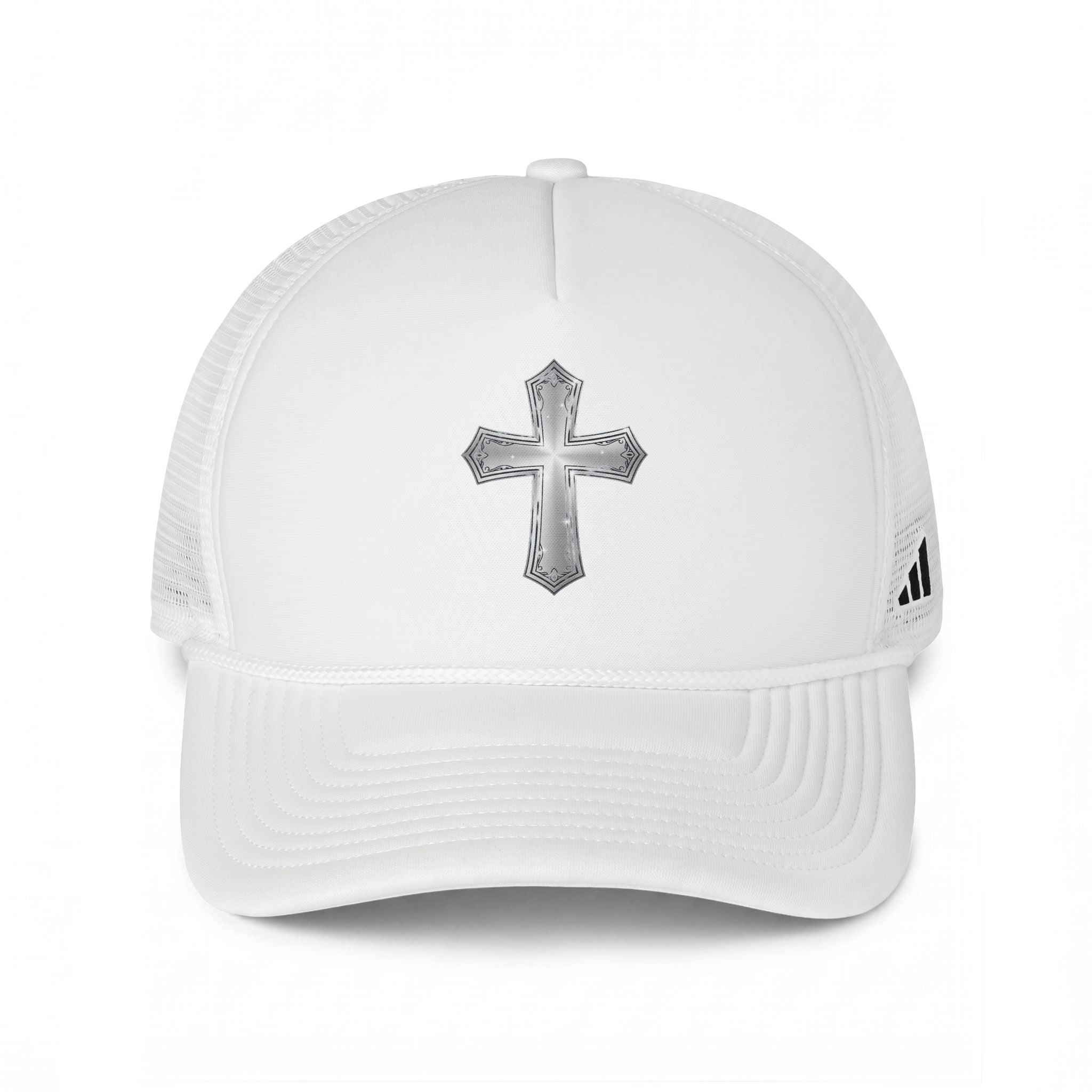 Embroidered Cross Trucker Hat — Christian Black Mesh Cap