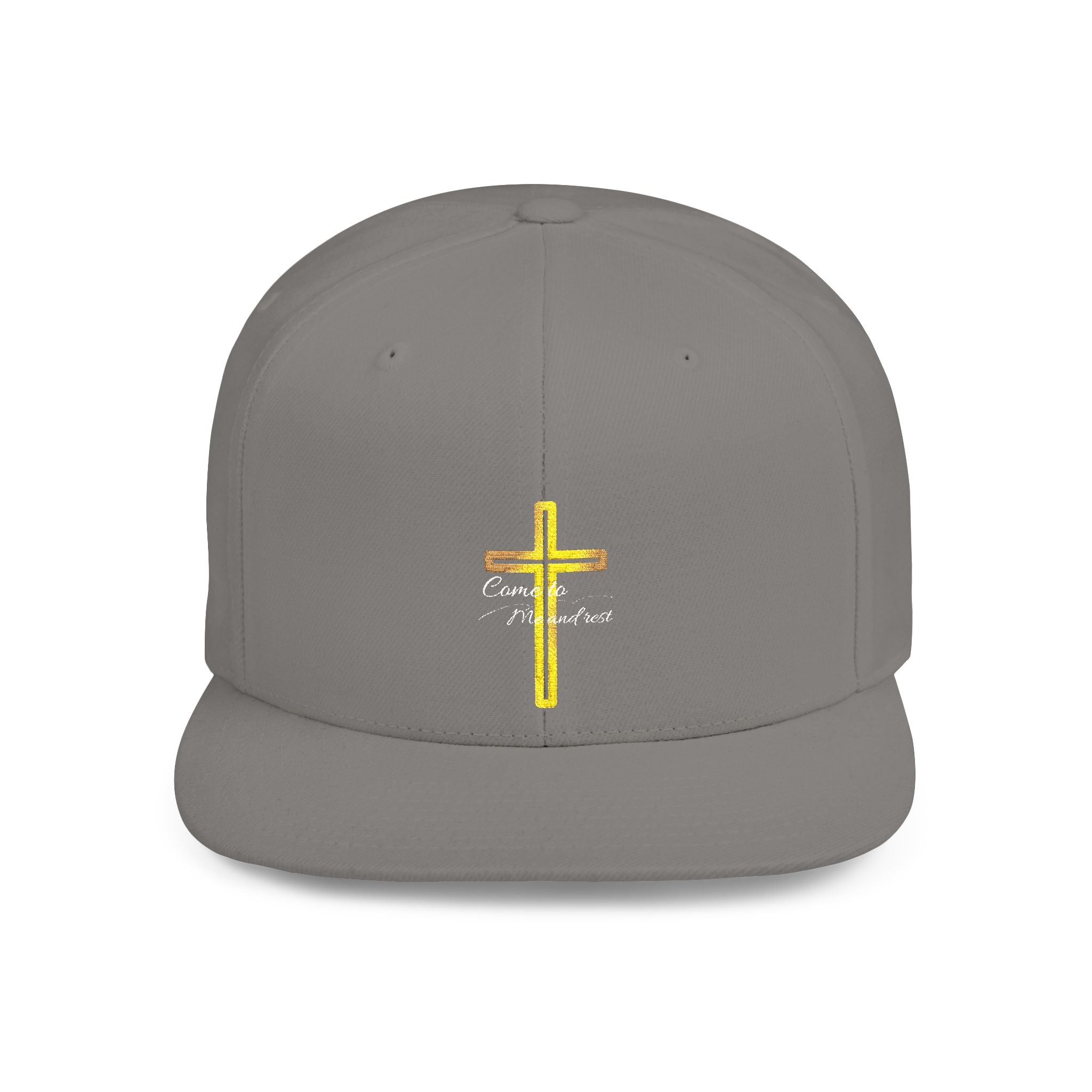 Embroidered Gold Cross Snapback Hat — Faith-Inspired Flat Bill Cap