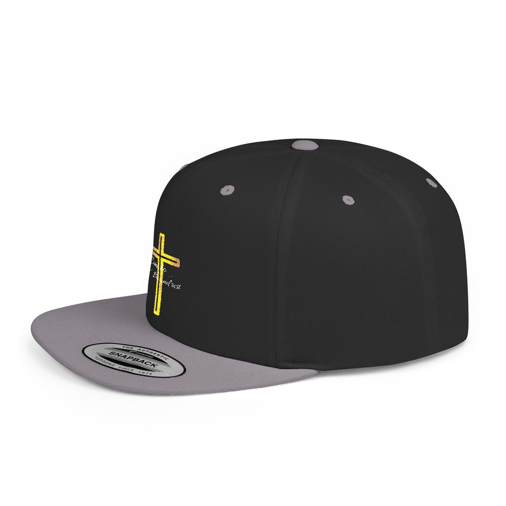 Embroidered Gold Cross Snapback Hat — Faith-Inspired Flat Bill Cap
